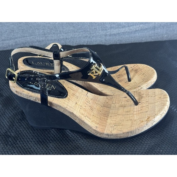 Lauren Ralph Lauren Naris Cork Wedge Sandals Buckle T-strap Thong Size 8.5 B - Picture 2 of 14